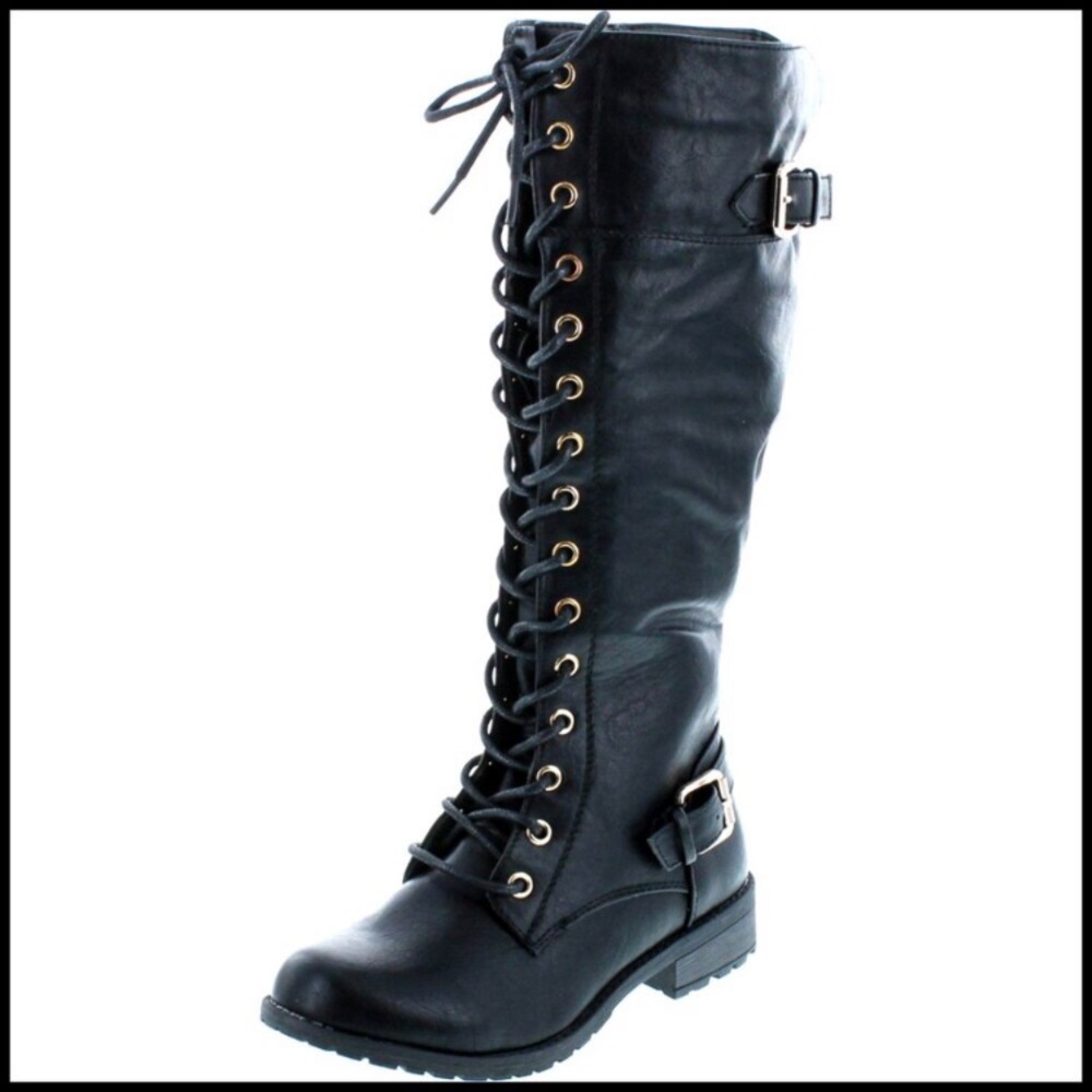 Knee High Buckle Riding Boots Combat Style Slip On Lace Up Block Heel
